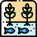 Desenho de um quadro com plantas na parte superior e peixes na parte inferior.