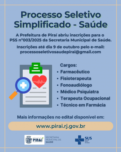 Prefeitura de Piraí abre inscrições para Processo Seletivo Simplificado na área da Saúde