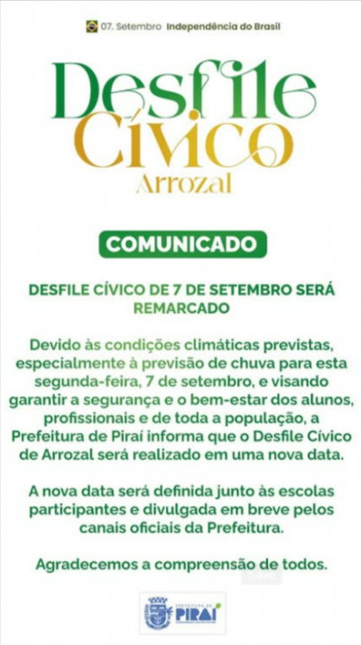 Desfile Cívico de Arrozal é adiado devido à previsão de chuva