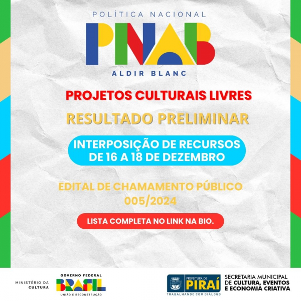 Resultado preliminar dos Projetos Culturais Livres é divulgado pela Prefeitura de Piraí