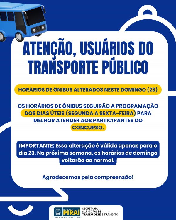Aviso sobre o funcionamento do transporte público municipal para o concurso público de Piraí