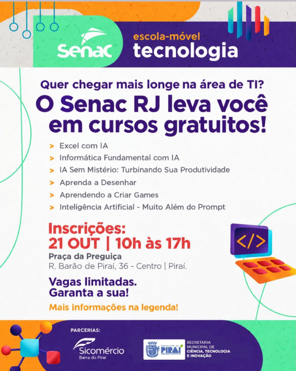 Escola-M&oacute;vel do Senac oferece cursos gratuitos de tecnologia da informa&ccedil;&atilde;o em Pira&iacute;