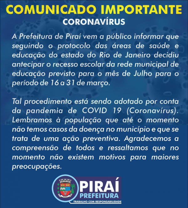 Comunicado importante sobre o Coronavírus